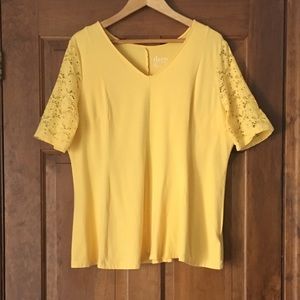 Denim & Co Yellow Lace Sleeve Fit & Flare Top